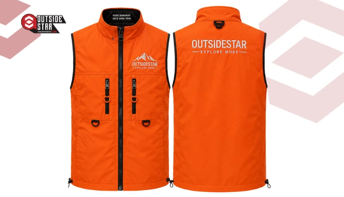 desain rompi komunitas hiking warna orange dengan strip hitam